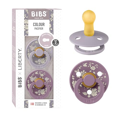 BIBS x Liberty Colour Pacifier, 6-18 Months, 2-Pack, Capel Fossil Grey | Round Natural Rubber Nipple | Size 2 | BPA-Free | Made in Denmark | High Nipple Acceptance | Airflow Holes | Comfort Shield