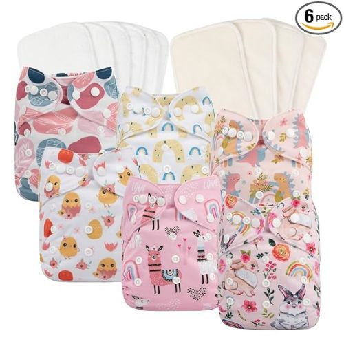 babygoal Reusable Cloth Diapers 6 Pack with 10pcs Inserts, One Size Adjustable Washable Pocket Nappy Covers for Baby Girls and Boys 6FG25