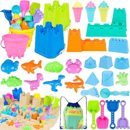 REZUCREY Beach Toys for Kids Toddlers, Sand Castle Toys with 4 Sand Bucket and Shovels, Mesh Bag & Molds, Ice Cream Travel Sandbox for Beach Sandbox for Toddlers Kids Baby Boys Girls Age 3-10