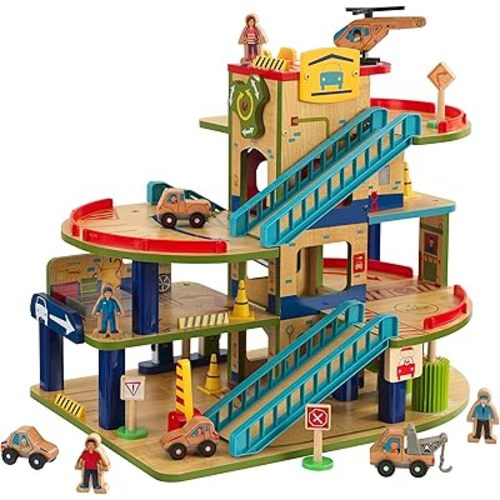 KidKraft Wash N Go Wooden Car Garage Playset with 19-Piece Accessory Set and Moving Elevator, Gift for Ages 3+