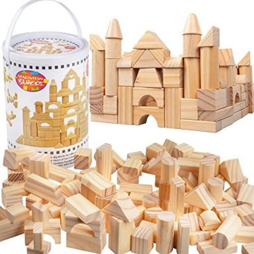Wooden Blocks - 100 Pc Wood Building Block Set with Carrying Bag and Container (Natural Colored) - 100% Real Wood