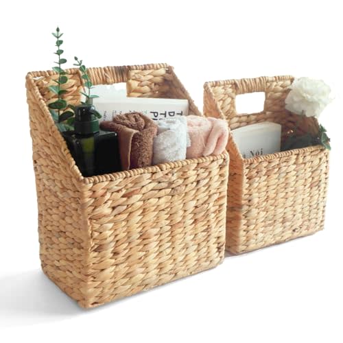 CHI AN HOME Set of 2 Hanging Storage Basket, Wicker Water Hyacinth Wall Hanging Basket with Handle for Mails, Files, Books, Plants or Accessories, Wall-Mounted Organizer for Bedroom, Kitchen, Office