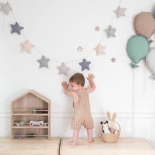 Multicolored Pennant Bunting Banner Pastel Linen Fabric 9 Star Garland for Room Decoration Hanging on Wall Ceiling Window (Star Blue)