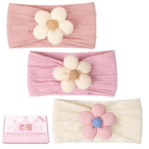 CÉLLOT 3 Pcs Baby Girl Headbands with Flower Nylon Headbands Soft Stretchy Headwear Hair Accessories for Newborn Infant Toddler Kids (Pink Beige Salmon)