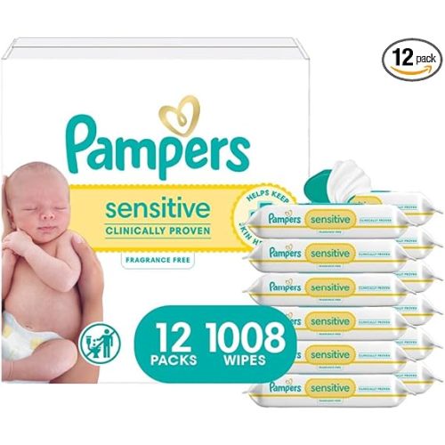 Pampers Sensitive Baby Wipes, Water Based, Hypoallergenic and Unscented, 8 Flip-Top Packs, 4 Refill Packs (1008 Wipes Total)