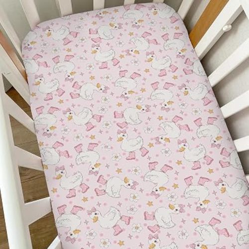 Cute Geese Bows Floral Baby Crib Sheets for Boys Girls Pink Girly Ducks Flowers Soft Stretchy Fitted Crib Mattress Covers for 52''x28'' Standard Crib & Toddler Mattress Pastel Farm Birds Bed Sheets