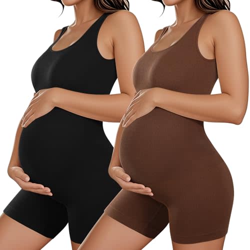 Coume 2 Pcs Women Maternity Bodysuit Pregnancy Shapewear Sleeveless Tank Top Shorts Jumpsuit Ribbed Maternity Workout Romper
