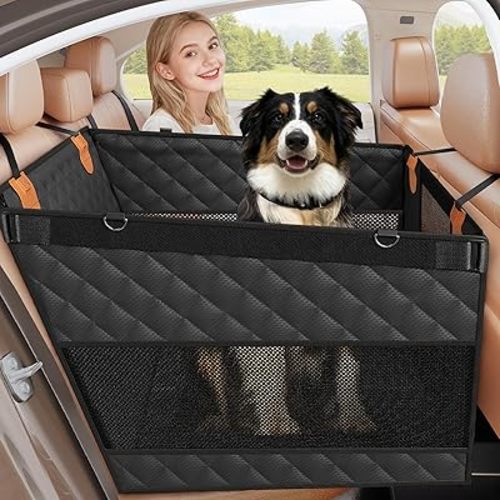 Dog Car Seat for Large Medium Dogs, Back Seat Extender for Pets with Hard Bottom, Strong Support Waterproof Dog Seat Cover with 3 Mesh Windows for Cars, Trucks and SUVs
