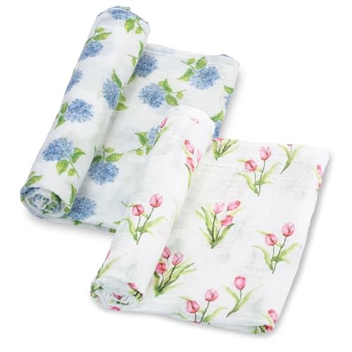 LollyBanks Muslin Swaddle Blankets 2 Pack, 100% Cotton Baby Blanket for Girls, Soft and Breathable 47 x 47 Inches Newborn Swaddle Blanket, Newborn Essentials Must Haves (Hydrangea and Tulip)