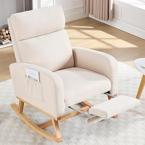 HCHAIRH Rocking Chair Nursery, Nursery Rocking Chairs with Footrest for Mom Rocker with High Backrest and Solid Wood Legs, Modern Accent Chairs for Reading Living Room Bedroom, Beige