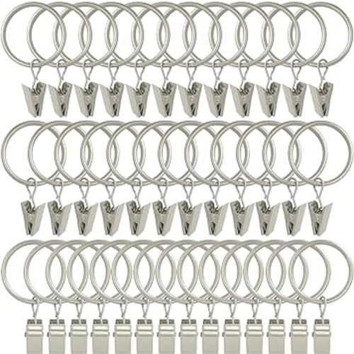40 Pack Matte Silver Curtain Rings with Clips, Curtain Hooks Hangers Clip Rings for Hanging Drapes Bows Hat, Drapery Rings 1.26 in I D, Fits up to 1 in Diameter Curtain Rod.