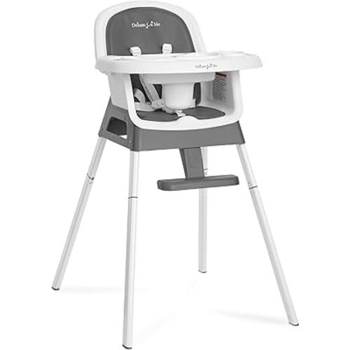 Dream On Me Curio Sit N Seek 3 in 1 Convertible Baby High Chair in Solid Grey, Removable and Adjustable Tray, Portable High Chair, Adjustable Legs, Detachable Footrest & 5 Point Safety Harness