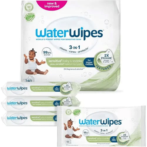 WaterWipes Sensitive+ Baby & Toddler Wipes, 3-In-1 Cleans, Cares, Protects, 99.9% Water, Textured Clean, Unscented & Hypoallergenic, 240 Count (4 Packs)