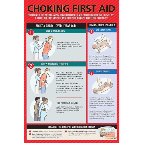 Safety Choking Victim Poster Measures 12" x 18", Choking First Aid Poster for Infants, Kids, Pregnants, and Adults, First Aid Guide Quick Reference Guide, Laminated
