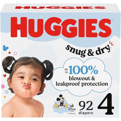 Huggies Size 4 Diapers, Snug & Dry Baby Diapers, Size 4 (22-37 lbs), 92 Count, Packaging May Vary