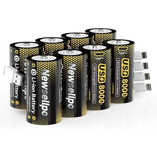Rechargeable D Batteries 8 Pack, 1.5V Constant Voltage 8000mWh High Capacity LR20 D Cell Lithium Battery, USB-C Fast Charging, 1600+ Cycles for Gas Stove, Flashlight, Camping Emergency Use