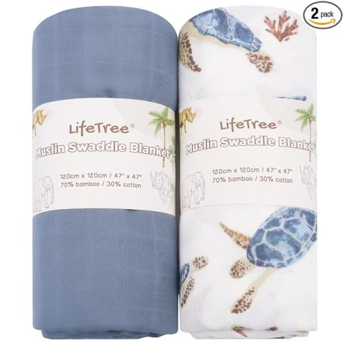 LifeTree Muslin Swaddle Blankets, Baby Swaddling Wrap Nursery Receiving Blanket for Boys & Girls, Soft 70% Viscose from Bamboo and 30% Cotton, Large 47 x 47 inches, Sea Turtle & Solid Colors
