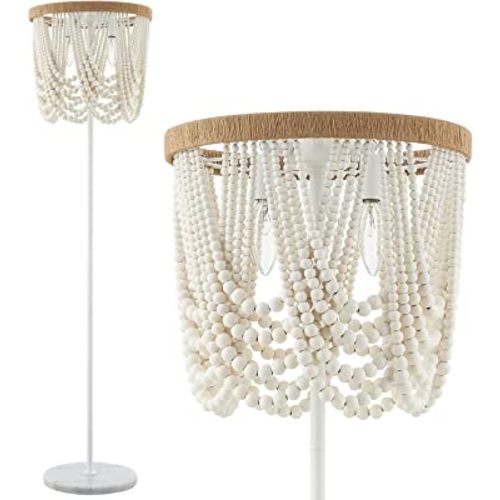 VILUXY Bohemia Wood Beaded Boho Floor Lamp - Antique Rustic White Finishing for Bedroom, Nursery, Dining, Girl Room - 3-Light