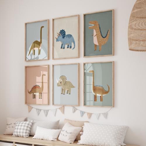 Dinosaur Wall Art Set – 60 Dino Prints for Kids Room, Boys Nursery Decor, Modern Animal Illustrations