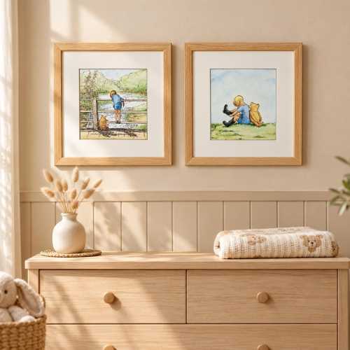 Vintage Disney Classic Pooh Framed Prints Set of 2, 15 x 15 Nursery Wall Art