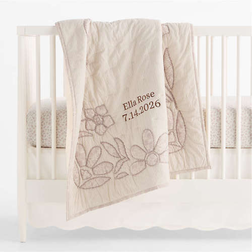 Lucille Floral Applique Hushed Violet 100% Organic Cotton Baby Crib Quilt