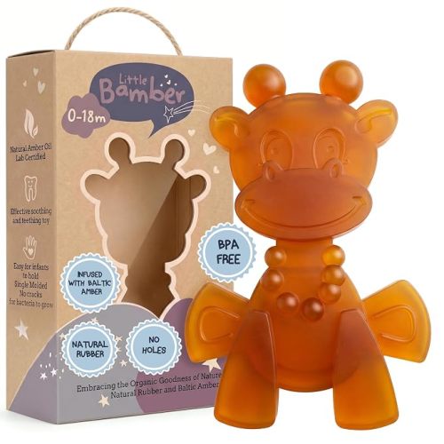 Bambeado LittleBamber Baby Teething Toy - Made with Natural Rubber & Amber Elements - Gentle Support, Easy to Hold, Simple to Clean - Cute Giraffe Teether Toy - Alternative to Amber Teething Necklace
