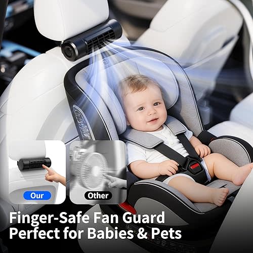 Socool 10000mAh Portable Car Fan Rechargeable Battery Powered, 4-Speed Car Seat Fans for Baby Kids Backseat Cooling, Mini Rear Headrest Neck Fan 70° Tilt Adjustment for RV Truck Van Travel