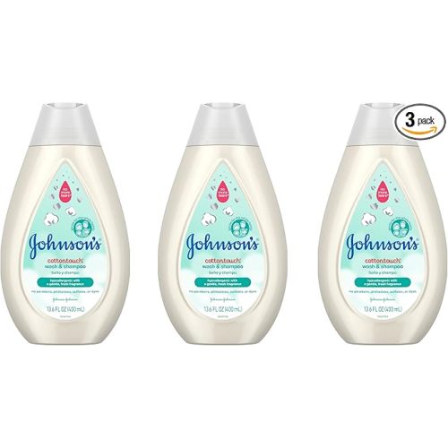 Johnson's CottonTouch Newborn Baby Wash & Shampoo with No More Tears, Sulfate-, Paraben- Free for Sensitive Skin, Made with Real Cotton, Gently Washes Away Dirt & Germs, 13.6 fl. oz, Pack of 3
