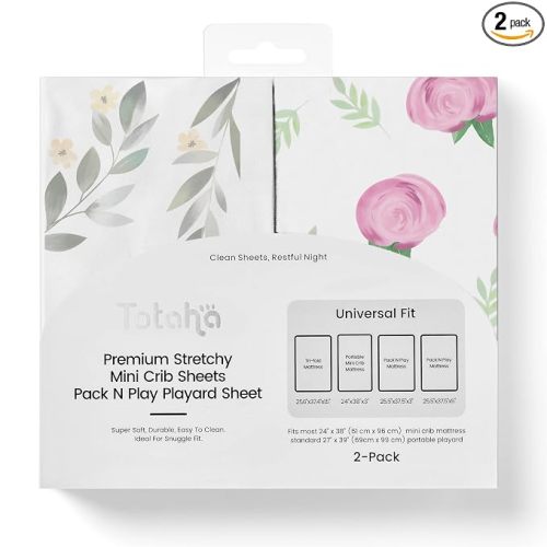 TotAha Premium Stretchy Pack N Play Playard Sheets | Mini Crib Sheets (2-Pack) -Hypoallergenic, Silky Comfort, Buttery Soft, Calming Effect, All-Season Jersey-Knit (Pink Buds & Green Leaves)