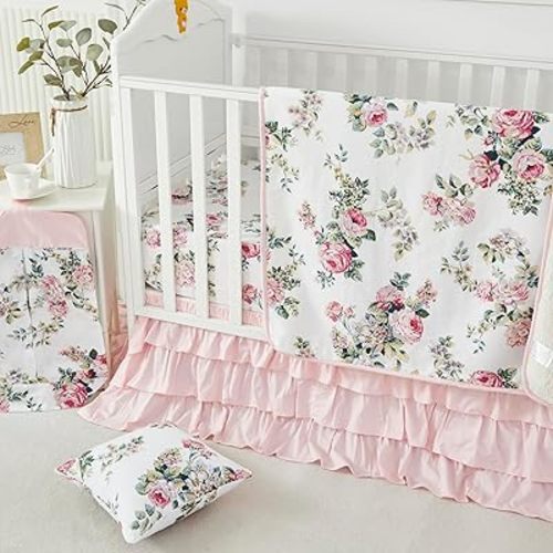 Brandream 100% Cotton Baby Girls Crib Bedding Set 6 Pieces Floral Botanical Rose Flower Luxury Baby Quilt Blanket, Crib Sheet, 3-Tier Pink Crib Skirt, Window Valance,Diaper Stacker,Pillowcase