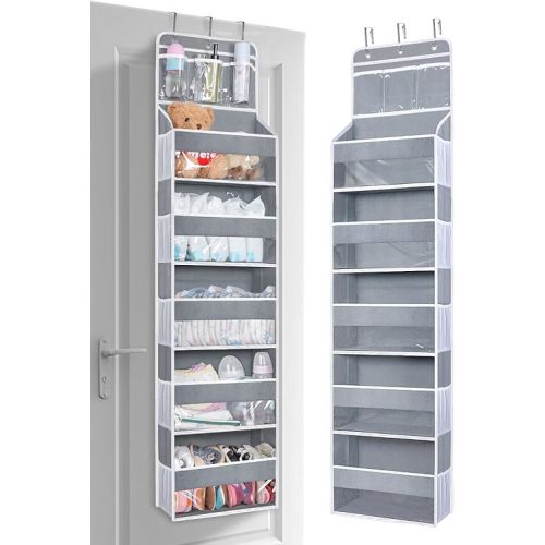 Over the Door Organizer Hanging Storage with 3 Clear Slip Pockets and 5 Large Pockets for Closet Door Organization - Heavy Duty for Bathroom, Pantry, Bedroom, Nursery