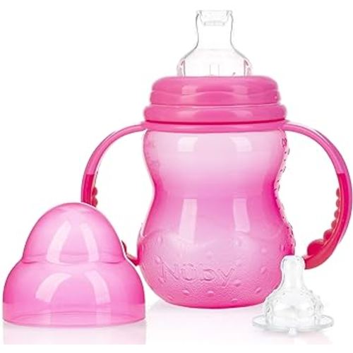 Nuby 3-Stage Wide Neck No Spill Bottle with Handles and Non-Drip Juice Spout, 3 Months, 8 Ounce, Pink