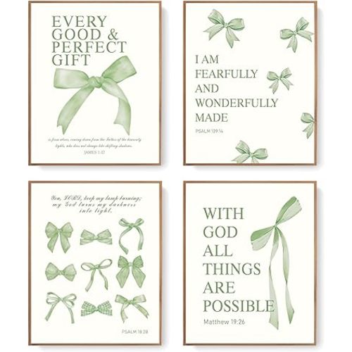 LARTSFRO Coquette Sage Green Bow Wall Art Decor Posters, Sage Green Bow Room Bedroom Bathroom Dorm Wall Art Decor Aesthetic for Teen Girls Gifts, Inspirational Bible Verses Bow Wall Decor, 10x8 Inch Set of 4 Pcs Bow Pictures (UNFRAMED)