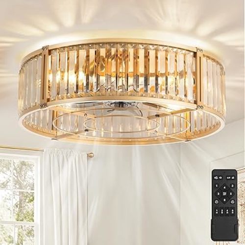 20 Inch Caged Ceiling Fan with Light, Modern Fan Chandelier, Gold Ceiling Fans with 6-Speeds, 1/2/4/8H Timer, Quiet DC Motor, Low Profile Ceiling Fan with Remote for Bedroom,Living Room,Kitchen