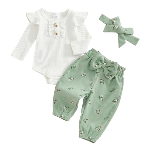 YINGISFITM Newborn Baby Girl Clothes Floral Corduroy Pants 3 Piece Outfit | Ribbed Knitted Long Sleeve Romper,Jogger Floral Pants,Cute Bow Headband,Baby Girl Clothes Fall/Winther 0 3 6 9 12 Months