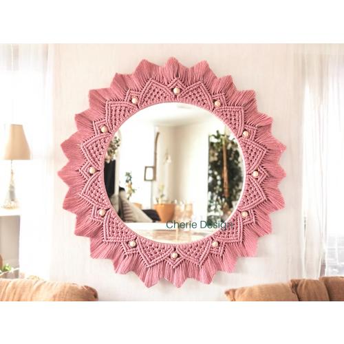 Soft Pink Macrame Miror, Housewarming Gifts, Large Mirror, Baby Shower Gift, Boho Wall Decor, Wooden Beaded Wall Mirror, Mother's Day Gift