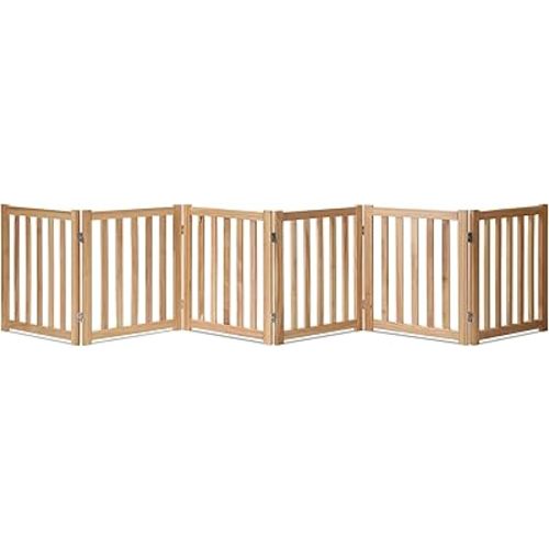 LZRS 6-Panel Extra-Wide Freestanding Wooden Dog Gate Indoor – 24”High Foldable Safety Pet Barrier for Doorways, Hallways, Kitchens, Durable Design fit Small to Medium Dogs, Naturalqwi