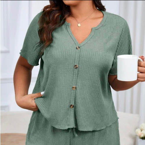 SHEIN Women's Plus Size Ribbed Texture Fabric Button Front Short Sleeve Top And Shorts Pajama Set, Outfits | SHEIN USA