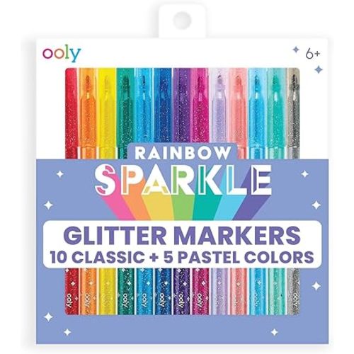 Ooly Rainbow Sparkle Glitter Markers Set of 15, Includes 5 Pastel & 10 Classic Color Markers, Glittery & Sparkling Marker for Kids, 2mm Nib for Medium Sized Lines - GLITTER VARIETY PACK