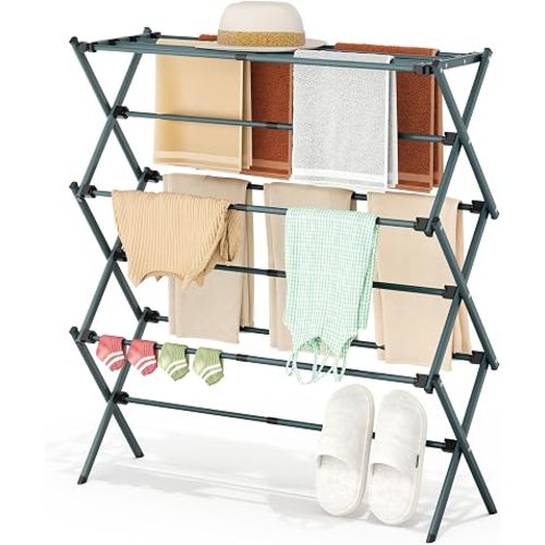 APEXCHASER 3-Tier Foldable Clothes Drying Rack, 37.6" H, Navy Blue
