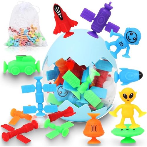 Suction Bath Toys for Kids, 18 Pcs Silicone Ocean Animal Suction Cup Toys with Eggshell & Bag, No Hole Mold Free Bath Toy, Sensory Window Building Toys for Toddlers Boys Girls 3 4 5 6 Year Old
