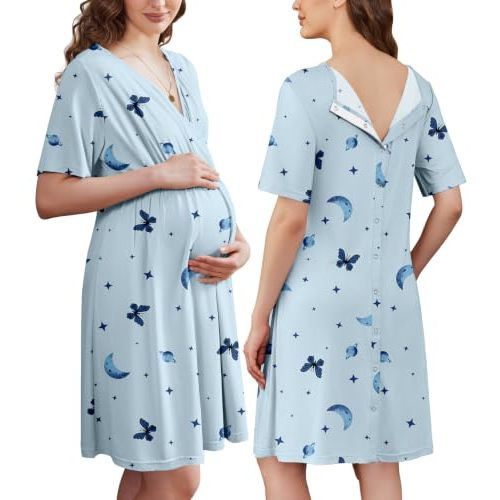 Ekouaer Labor and Delivery Gown for Hospital V Neck Maternity Nursing Dress | Birthing Gown, Open Back Button closure, Skin-friendly, Short Sleeve, Split Front Flap, Stretchy, Breastfeeding, C-section