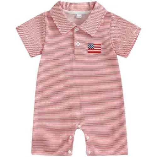 Newborn Baby Boy 4th of July Outfit US Flag Embroidery Short Sleeve Lapel Button Romper One Piece Jumpsuit Bodysuit