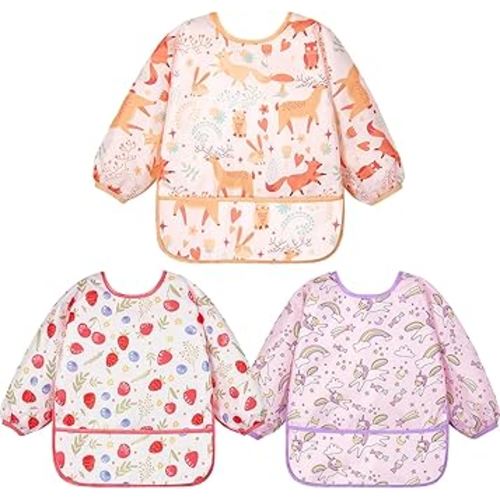 Lictin 3 Pack Baby Bibs for Boy or Girl, Cute Long Sleeve Bib, Waterproof Bibs for Toddlers,Adjustable Closure Baby Smock, Mess Proof Baby Bib, 6-24 Months Reusable Infant Baby Bibs