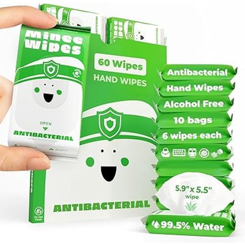 Impossibly Compact Travel Antibacterial Wipes Hand Sanitizer - 99.5% Water and Aloe - Safe for Sensitive Skin & Hypoallergenic Hand Wipes - Travel Essentials For Adults & Kids, 10 Pack Total 60 Wipe
