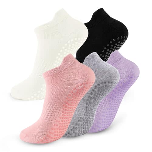 5 Pairs Pilates Socks with Grips for Women Non Slip Grip Yoga Crew Socks for Barre Hospital Barefoot Workout