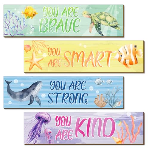 Geetery 4 Pcs Ocean Decor for Women Men Sea Animal Bedroom Wall Decoration Watercolor Ocean Inspirational Positive Quotes Wall Art Beach Wooden Hanging Sign for Bedroom Living Room Toddler Princess