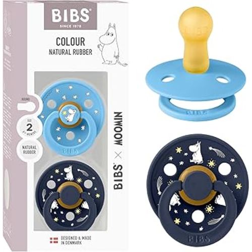 BIBS Colour Moomins Pacifier 2-Pack, BPA Free Pacifier, Round Nipple. Natural Rubber Latex, Made in Denmark, Size 2 (6-18 Months), Breeze/Deep Space