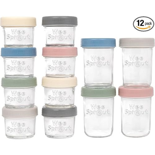 WeeSprout Glass Baby Food Storage Jars w/ Lids (4/8 oz, 12 Pack Set) Snack, Reusable Small Containers, Breast Milk, Fridge, Freezer, Microwave & Dishwasher Safe, Essential Must Have for Infants