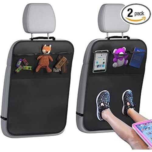 Back Seat Cover For Kids + 3 Pocket Storage Organizer, 2 Pack X-Large Waterproof Kick Mats Backseat Protector, Car Seat Back Protectors For Vehicles To Protect From Dirt, Mud & Scratches